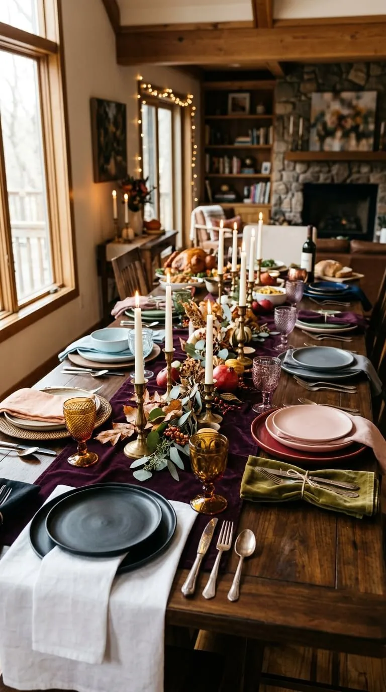 Long wooden table set with plates, candles, and autumn decorations.