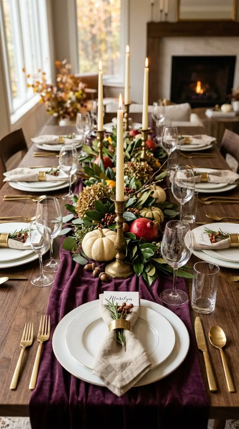 Elegant dinner table with candles greenery pumpkins and place settings