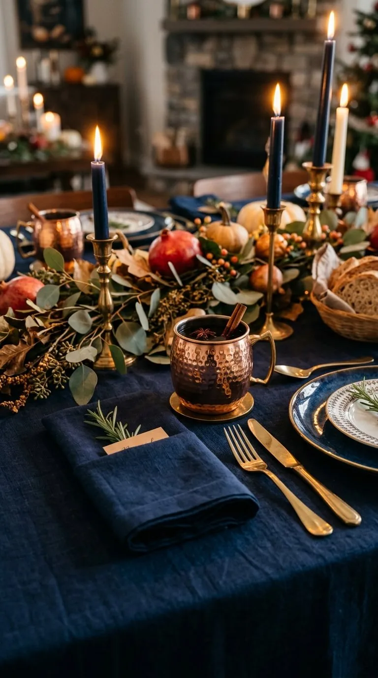 Elegant blue table setting with candles, copper mugs, autumn decorations.