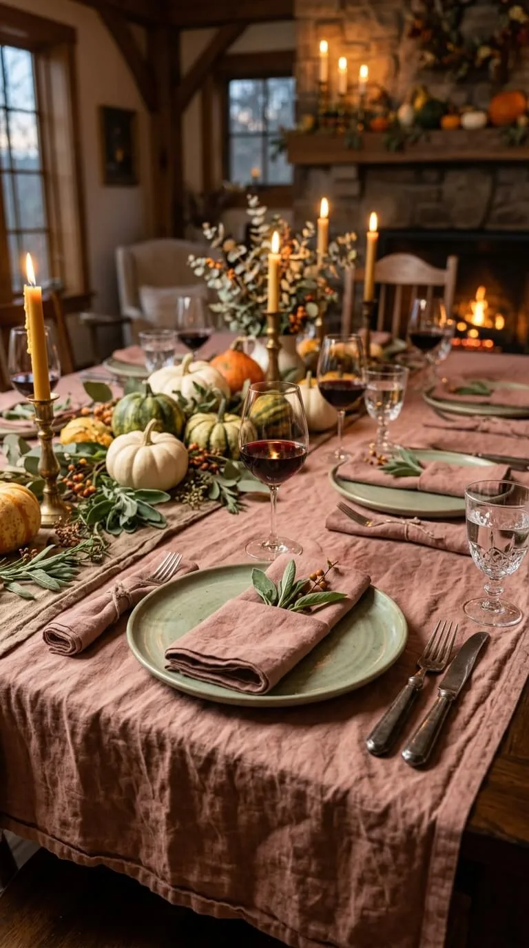 Rustic table set with plates, wine, candles, pumpkins, autumn decor