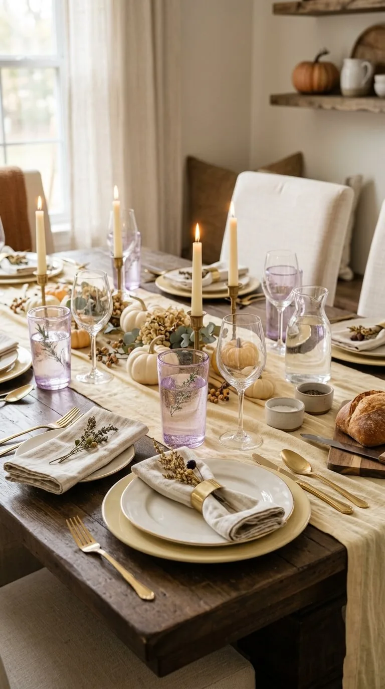 A rustic dining table set for autumn dinner with candles