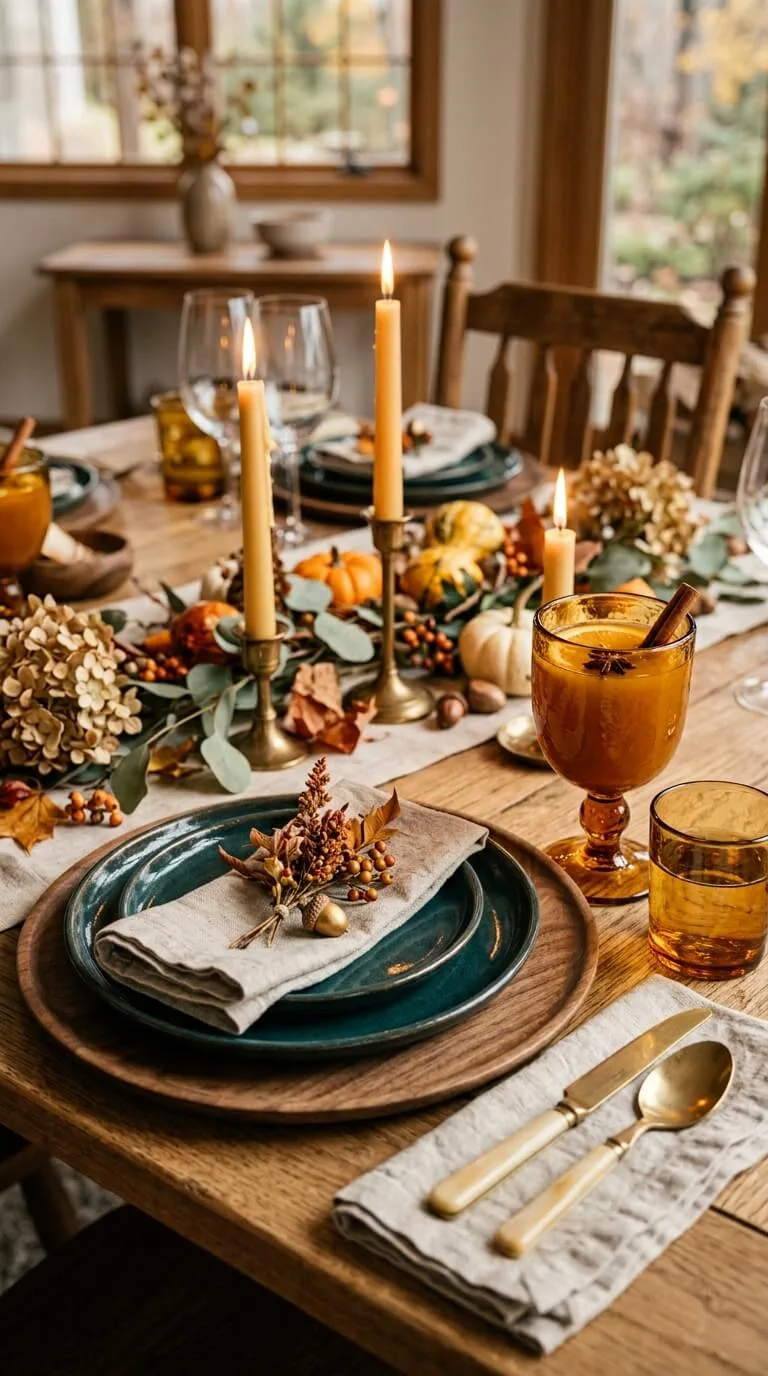 Autumn table setting with warm plates, candles, flowers, and drinks.