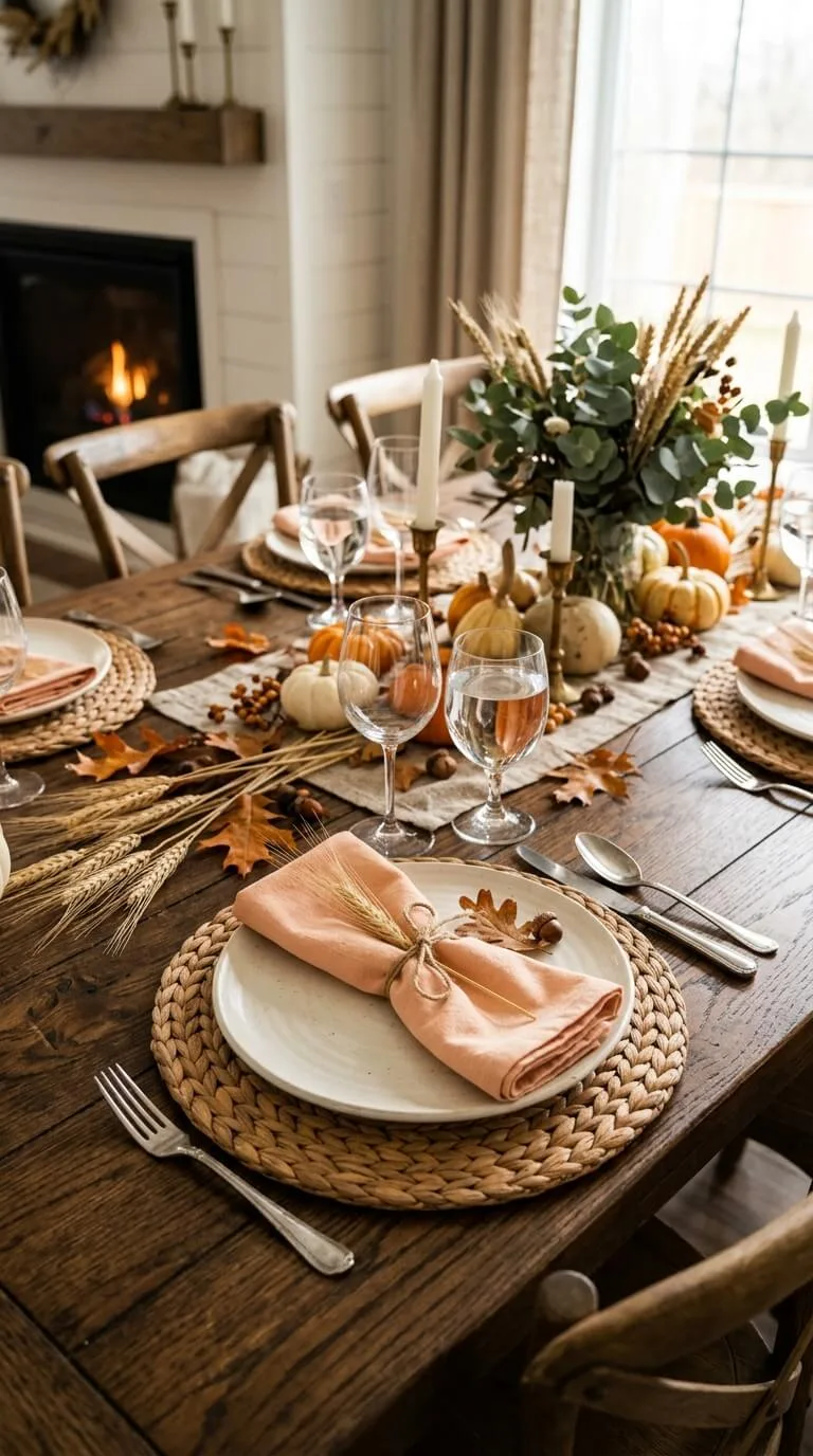 A rustic wooden dining table set for autumn dinner, candles.
