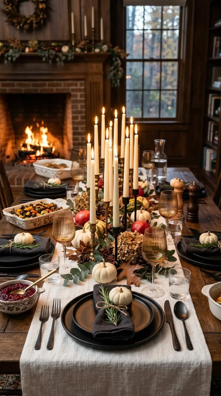 Elegant dining table set with candles pumpkins autumn delicious food