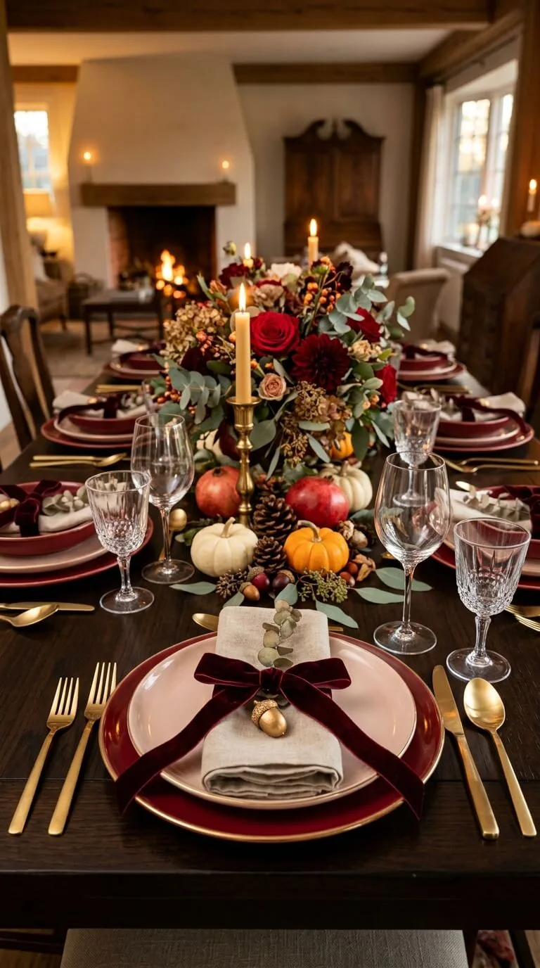 Elegant table with red plates, cutlery, candles, autumn floral centerpiece.