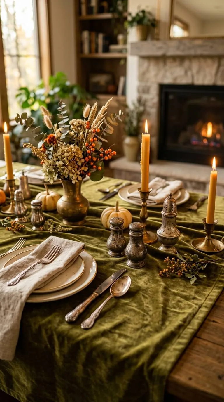 Autumn table setting with green cloth, candles, flowers, pumpkins, fireplace.