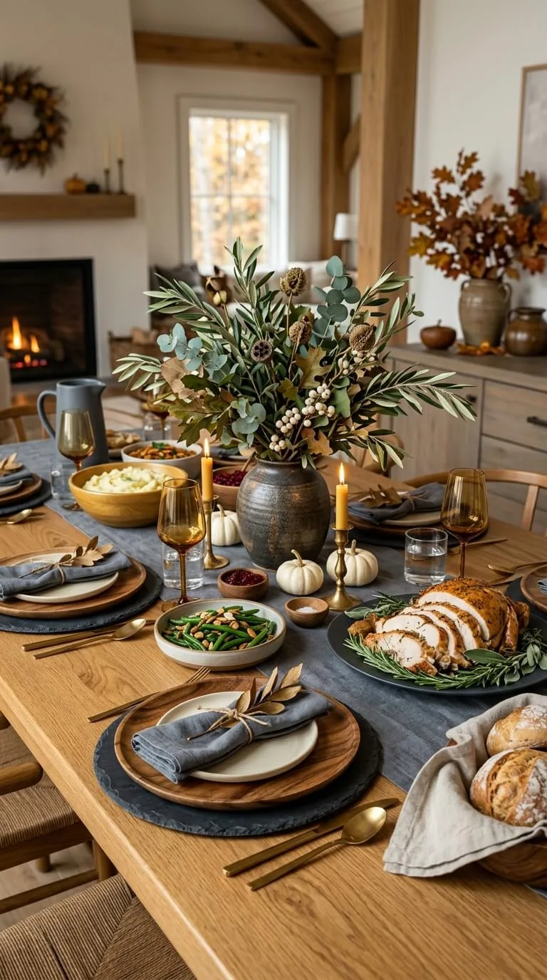 Elegant table set with roasted turkey, vegetables, candles, floral arrangement.