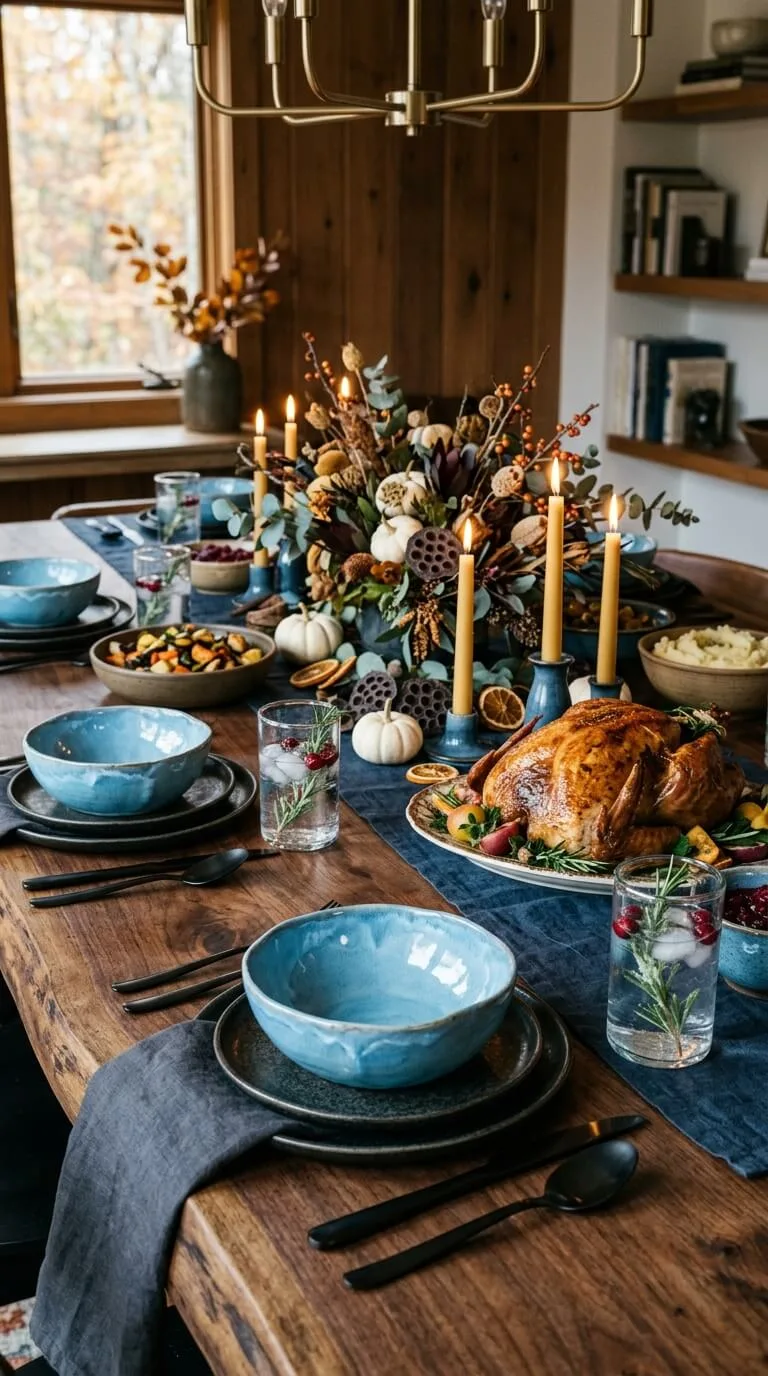 Wooden table set for dinner with turkey, blue bowls, candles.