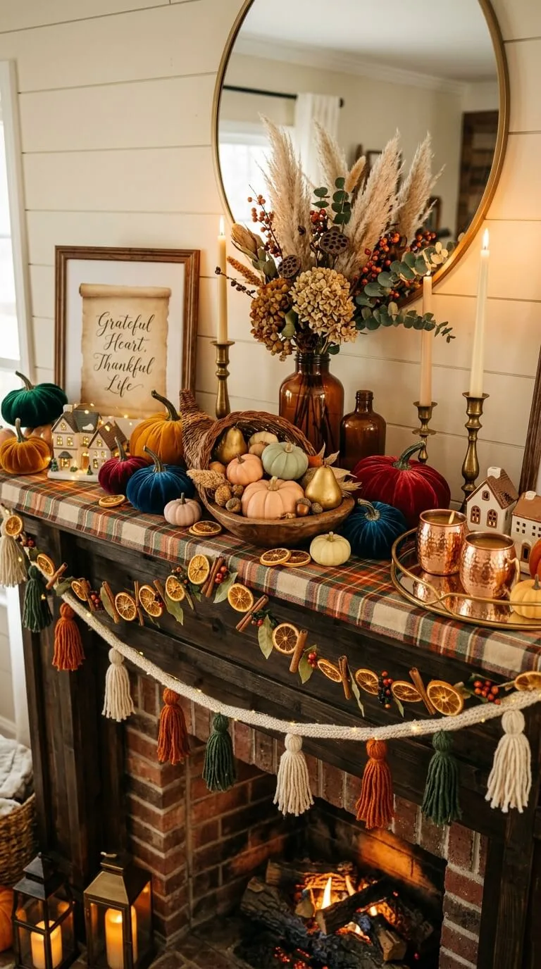Festive fall display on mantel with pumpkins, candles, and fire