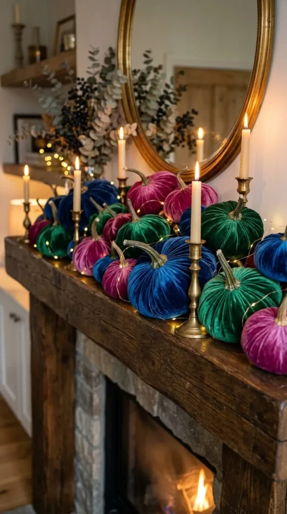 Colorful velvet pumpkins, candles, lights, mirror on a wooden mantel