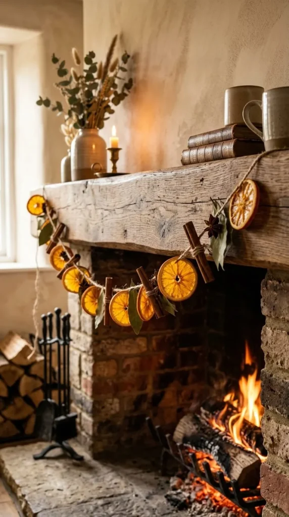 Wooden mantel holds dried orange garland above brick fireplace flames