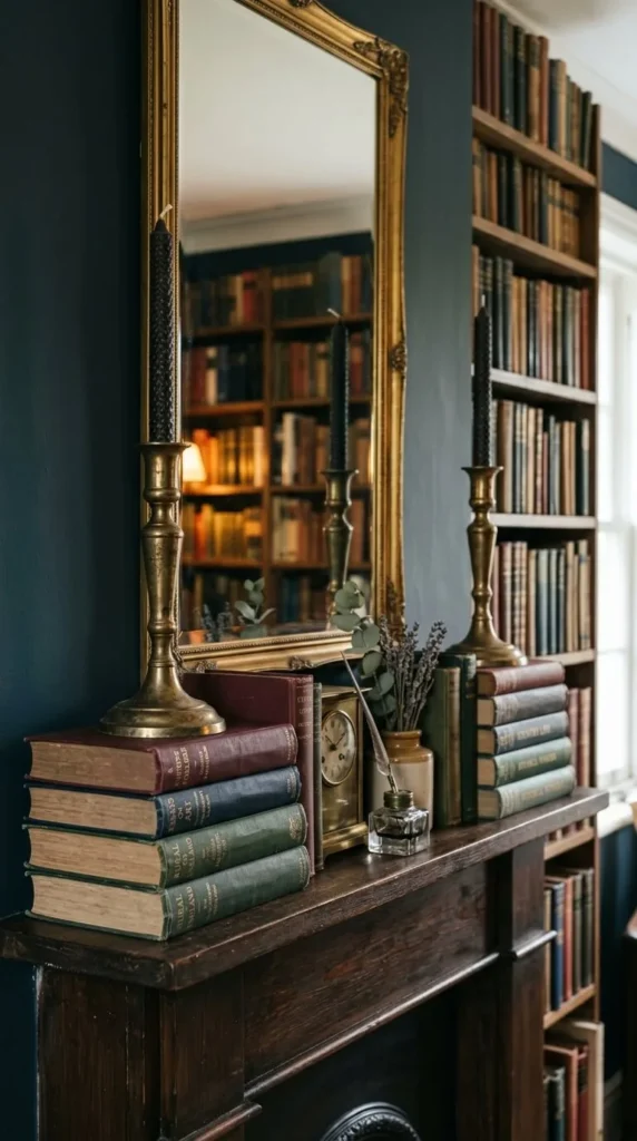 Golden mirror reflects bookshelf, brass candlesticks, stacked books, clock, inkwell