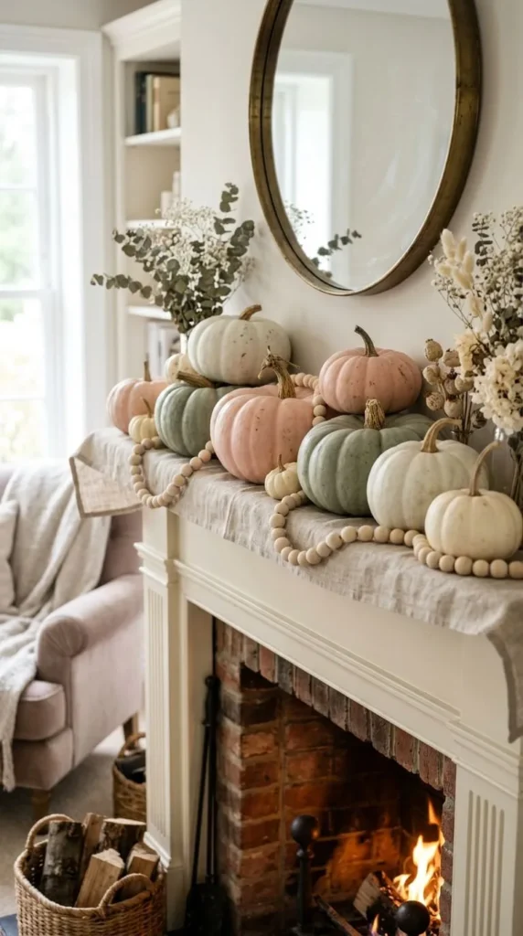 Fireplace mantel decorated with pumpkins, flowers, and a round mirror
