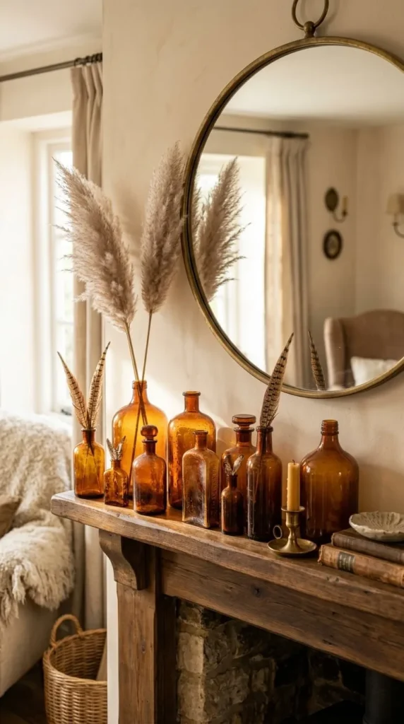Wooden mantel with amber bottles, feathers, candle, round mirror above