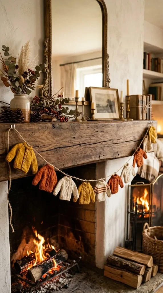 Warm fireplace, wooden mantel, knitted sweater garland, candles, mirror, plants
