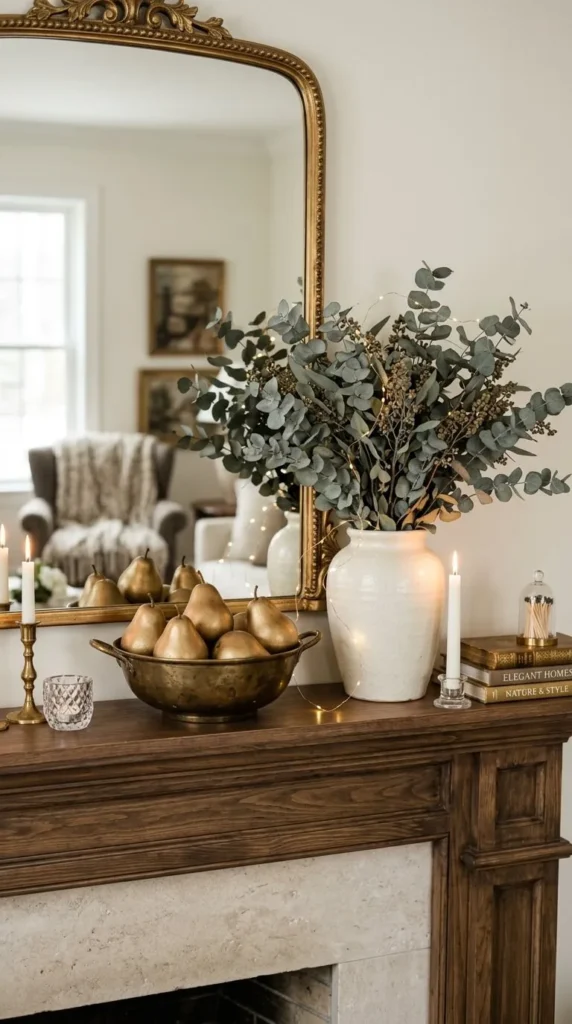 Wooden fireplace mantel with gold mirror, vase, pears, and candles