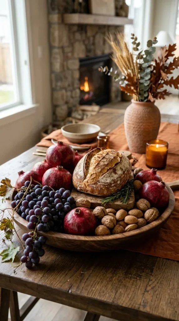 Rustic wooden table displays fruit bowl bread candle vase fireplace