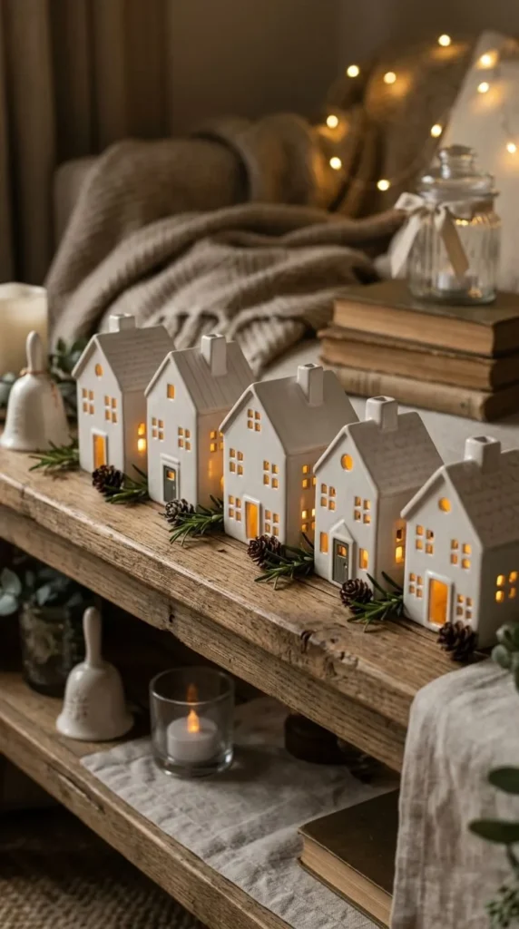Illuminated white ceramic houses on wooden shelf with pine cones.