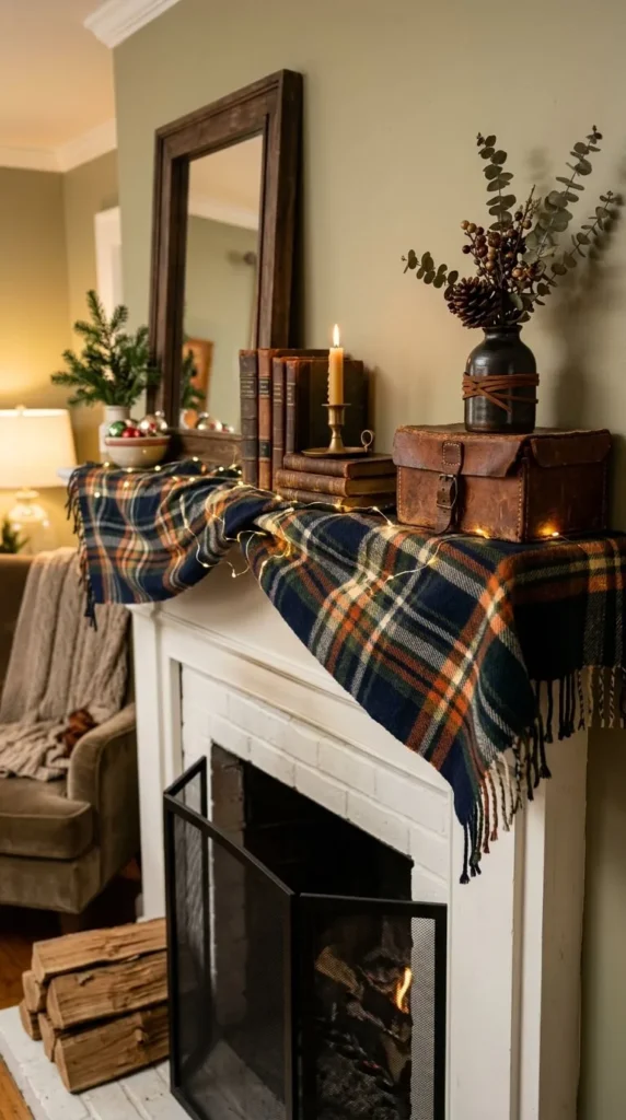 Fireplace mantel draped in plaid blanket, fairy lights, candle, books.