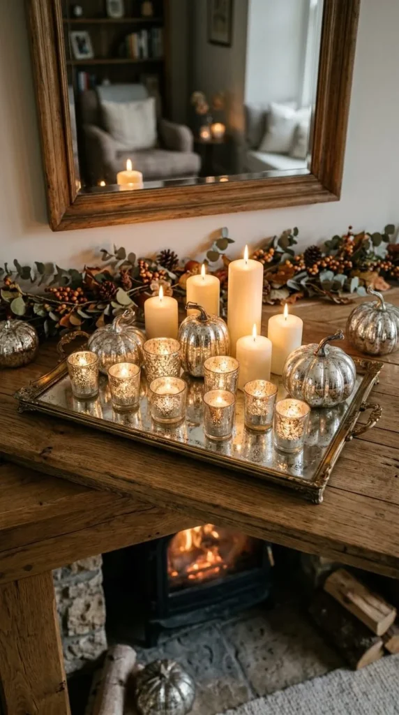 Candles, silver pumpkins, garland on mirrored tray above warm fireplace.