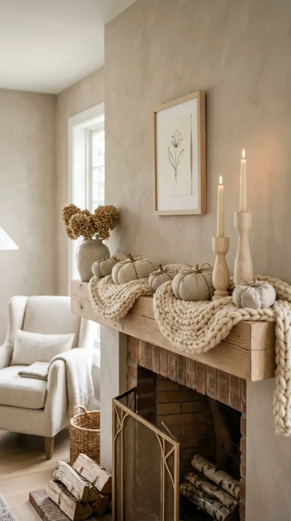 We need to give alt text in 10 words, for web accessibility, nothing else. Must be exactly 10 words. Let's count. The scene: cozy living room, fireplace mantel with knitted blanket, pumpkins, candles, framed artwork, armchair, window, firewood. Need 10 words. Possible: "Cozy living room with fireplace, mantel, pumpkins, candles, and artwork." Count words: Cozy(1) living(2) room(3) with(4) fireplace,(5) mantel,(6) pumpkins,(7) candles,(8) and(9) artwork.(10). That's 10 words. Check punctuation doesn't affect word count. Words separated by spaces. "fireplace," counts as fireplace. So 10 words. Check: "Cozy living room with fireplace mantel pumpkins candles and artwork." That's 10? Let's count: Cozy(1) living(2) room(3) with(4) fireplace(5) mantel(6) pumpkins(7) candles(8) and(9) artwork(10). Yes 10. But maybe include "fireplace" and "mantel" separate. Let's craft a clear 10-word alt text. "Cozy living room featuring fireplace mantel with pumpkins, candles, and artwork." Count: Cozy(1) living(2) room(3) featuring(4) fireplace(5) mantel(6) with(7) pumpkins,(8) candles,(9) and(10) artwork(11). That's 11. Need 10. Let's being shown by the test treatment