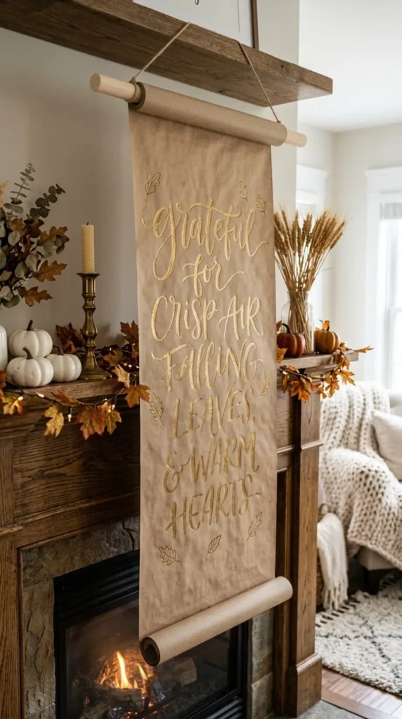 Grateful for crisp air falling leaves banner hangs on mantle