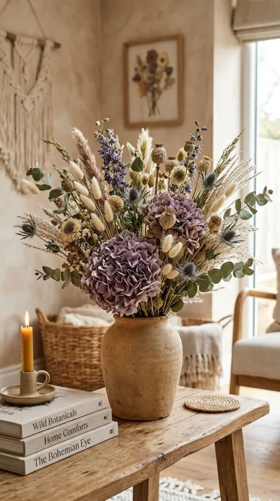 Rustic vase with dried purple hydrangeas, grasses, candle, books, table