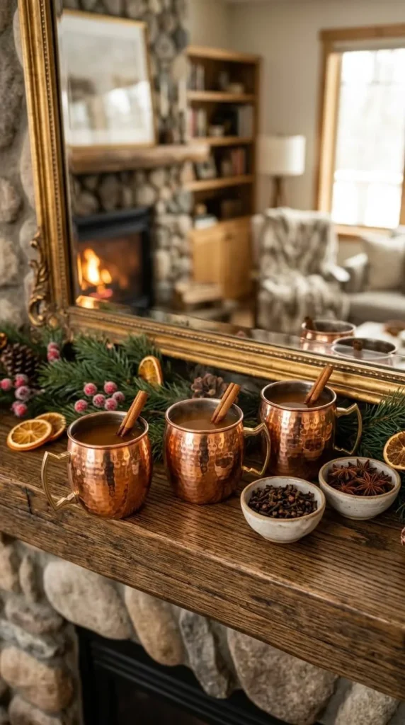Copper mugs with cinnamon sticks on mantel near warm fireplace.