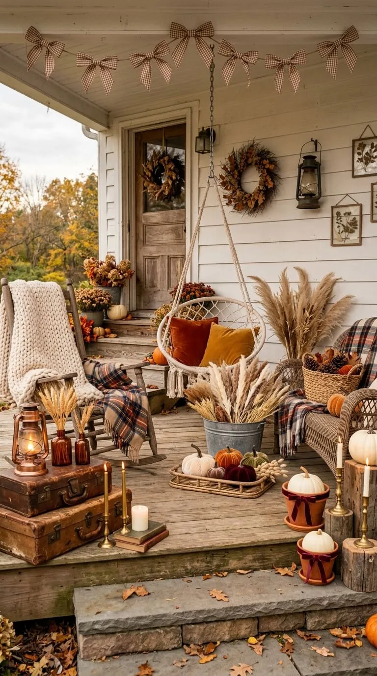 A cozy autumn porch with a hanging chair and pumpkins