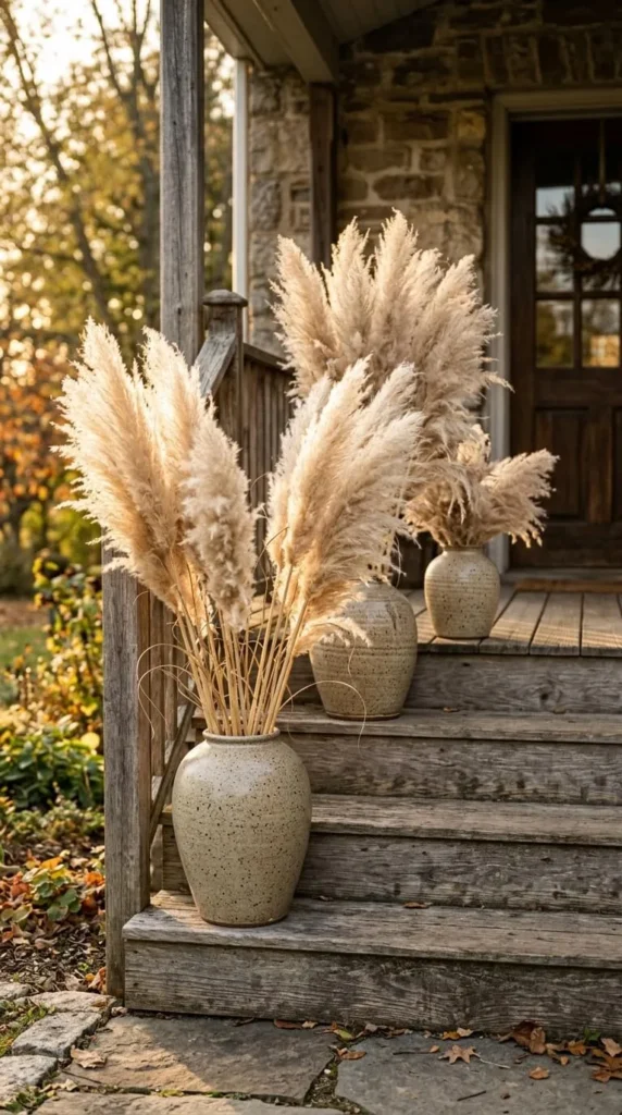 Three speckled vases holding fluffy pampas grass on porch steps.