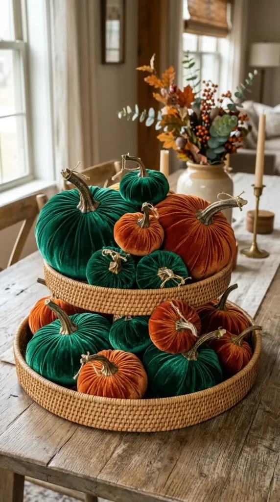 Two level wicker basket holds green and orange velvet pumpkins.