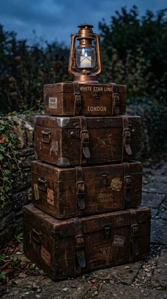 Stacked vintage trunks with a lit lantern on top outdoors