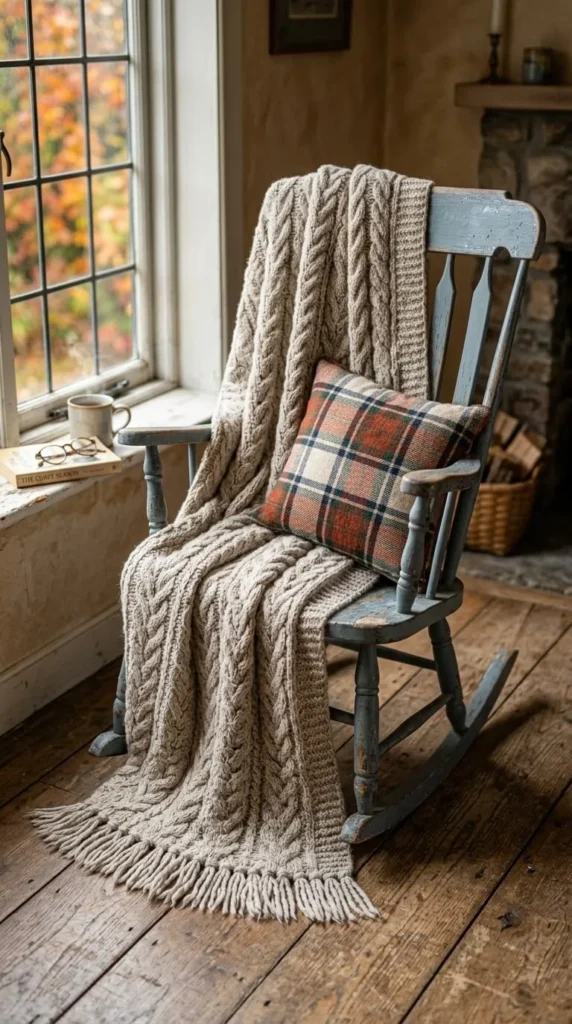 Blue rocking chair draped in beige knit blanket plaid pillow