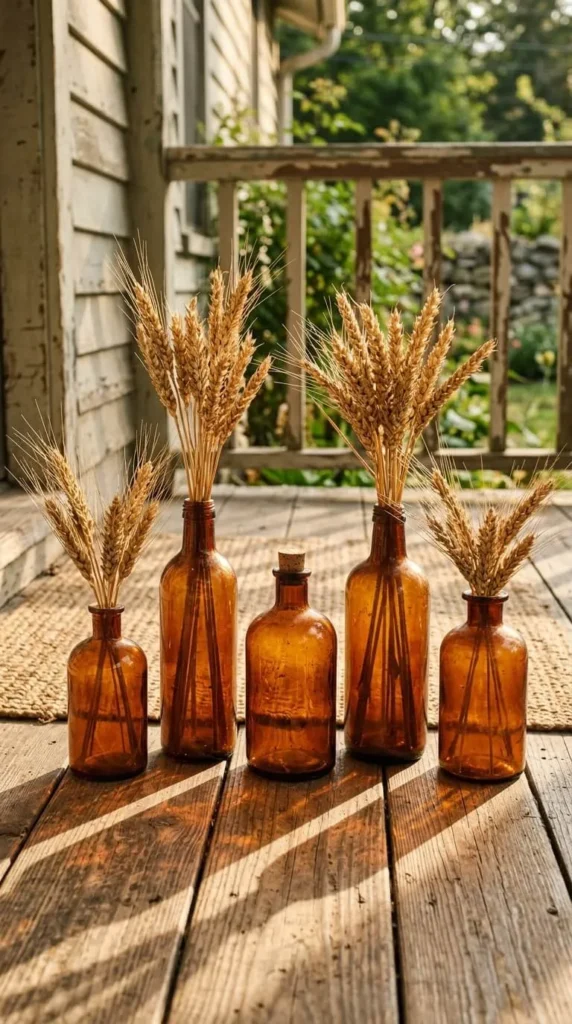 Five amber glass bottles hold dried wheat on wooden porch.
