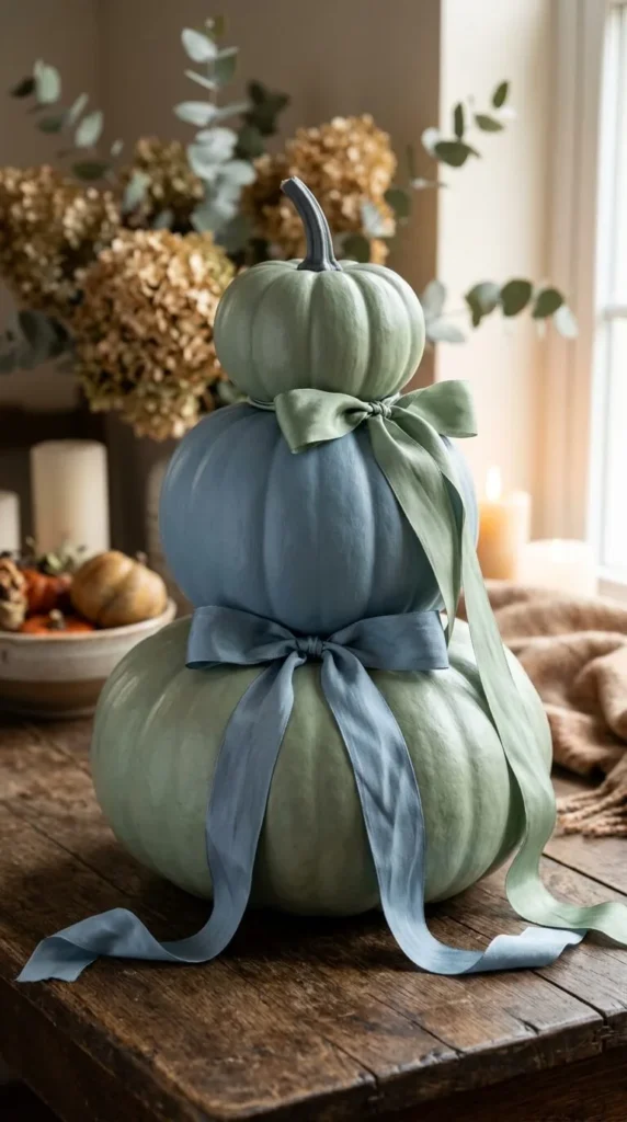 Pastel-colored stacked pumpkins with ribbons on wooden table, soft autumn.