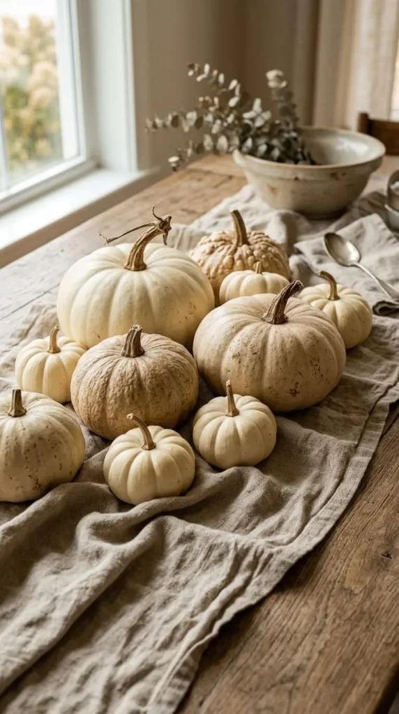 White pumpkins arranged on cloth atop wooden table near window