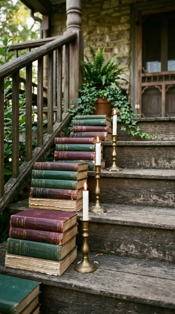 Stacked vintage books with lit candles on wooden porch steps