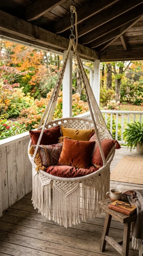 Macrame hanging chair with cushions on porch overlooking autumn garden