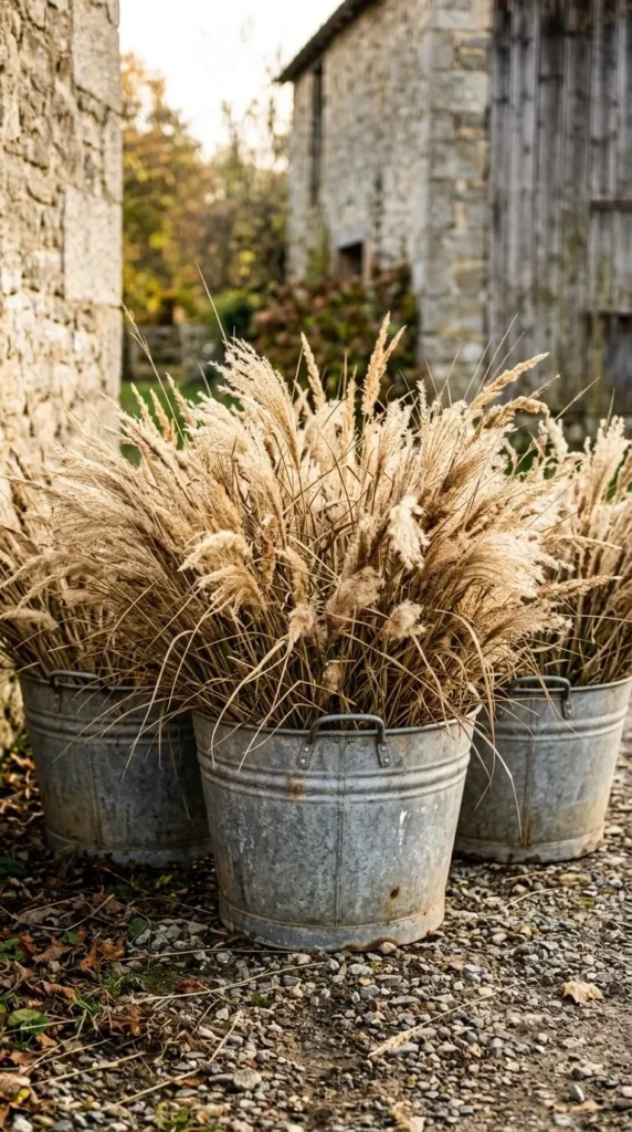 Three galvanized metal buckets filled with dried ornamental grass outside