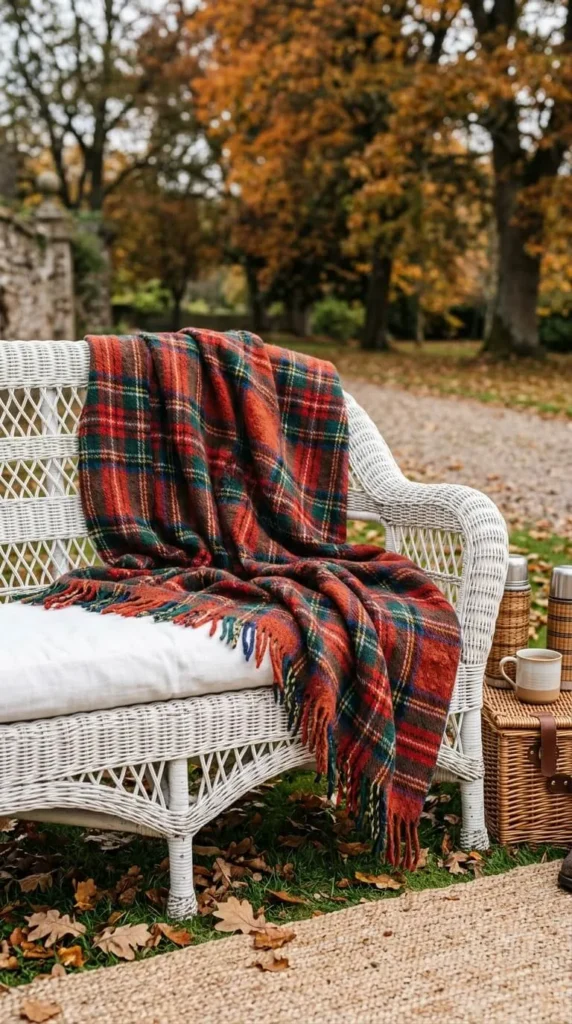 White wicker bench draped with red plaid blanket outdoors garden