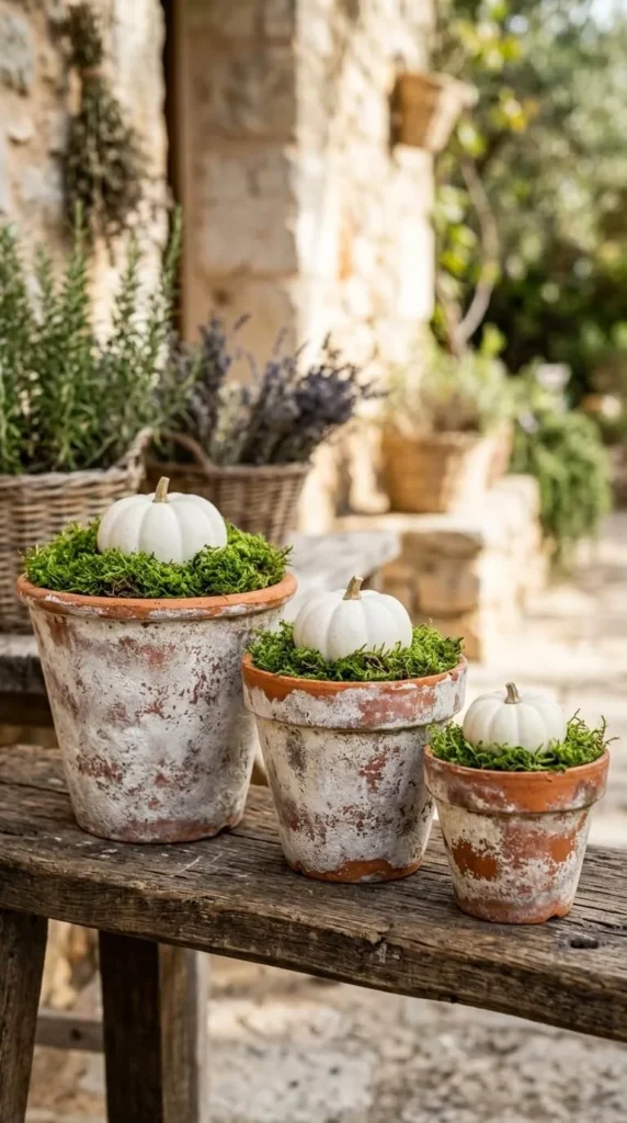 Three white pumpkins in mossy terracotta pots on wooden bench