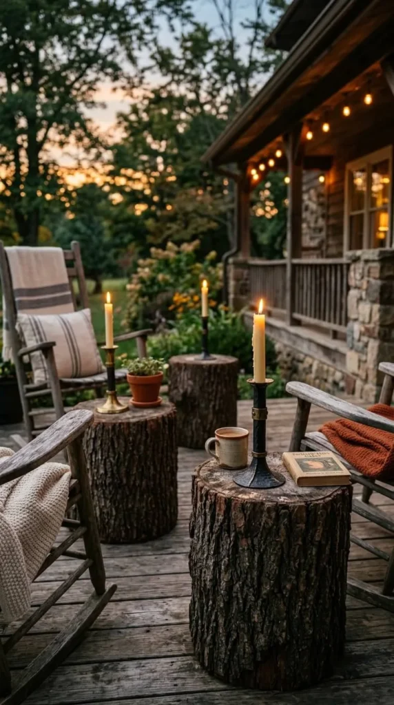 Cozy wooden porch at dusk with candlelit tree stump tables.