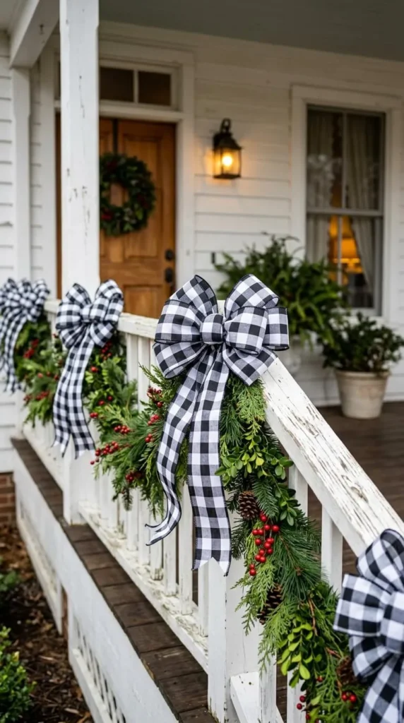 Porch railing adorned with green garland, red berries, gingham bows.