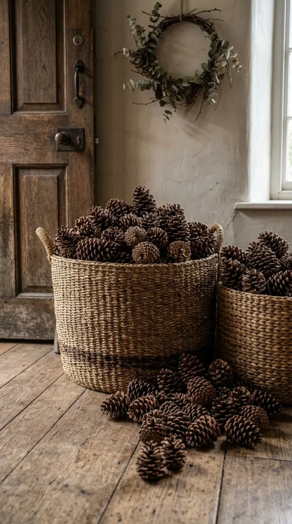 Two baskets of pinecones sit on wooden floor near door