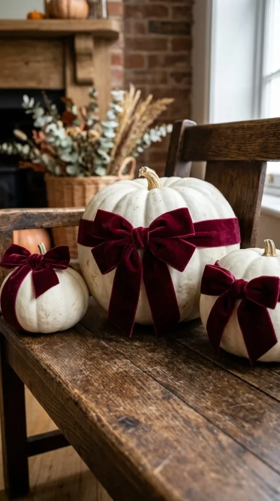 White pumpkins with burgundy velvet bows on wooden bench autumn