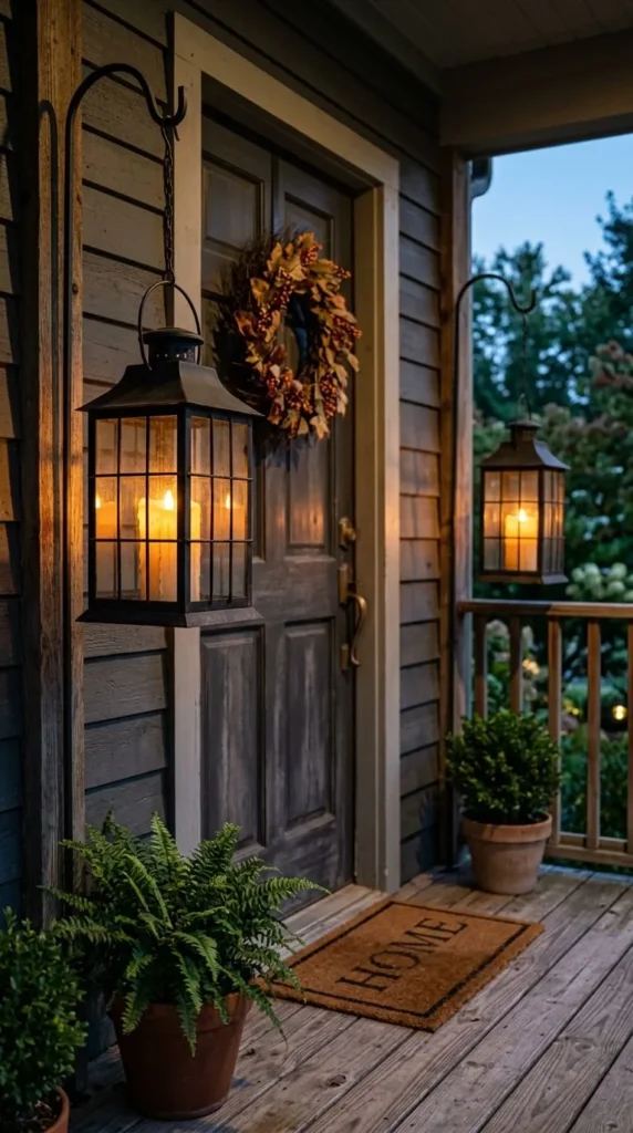 Warm lantern light shines on wooden porch, wreath, home mat.