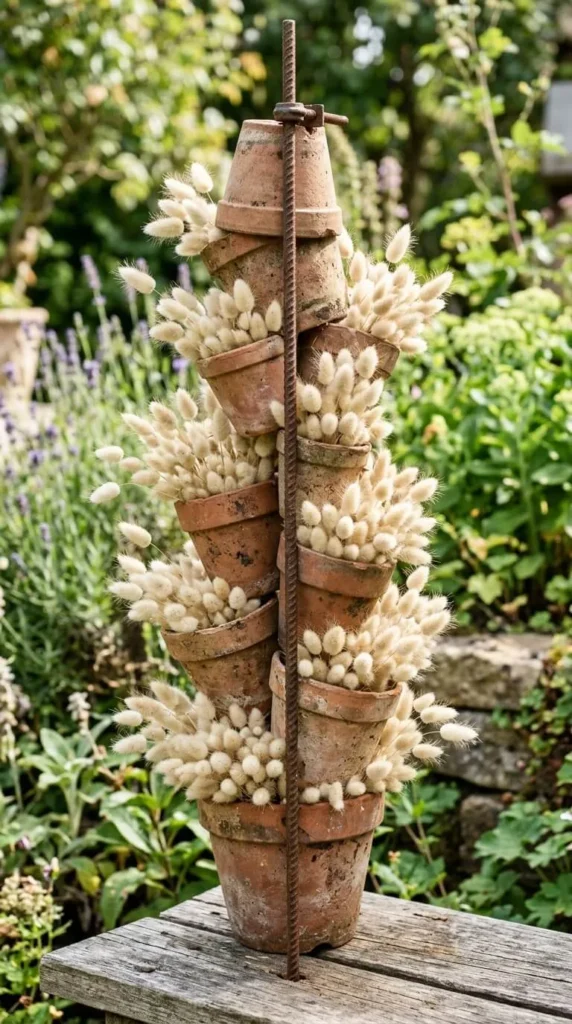 Stacked terracotta pots with fluffy white flowers on rebar garden