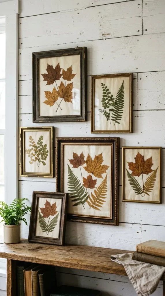 Framed pressed leaves and ferns displayed on white wooden wall
