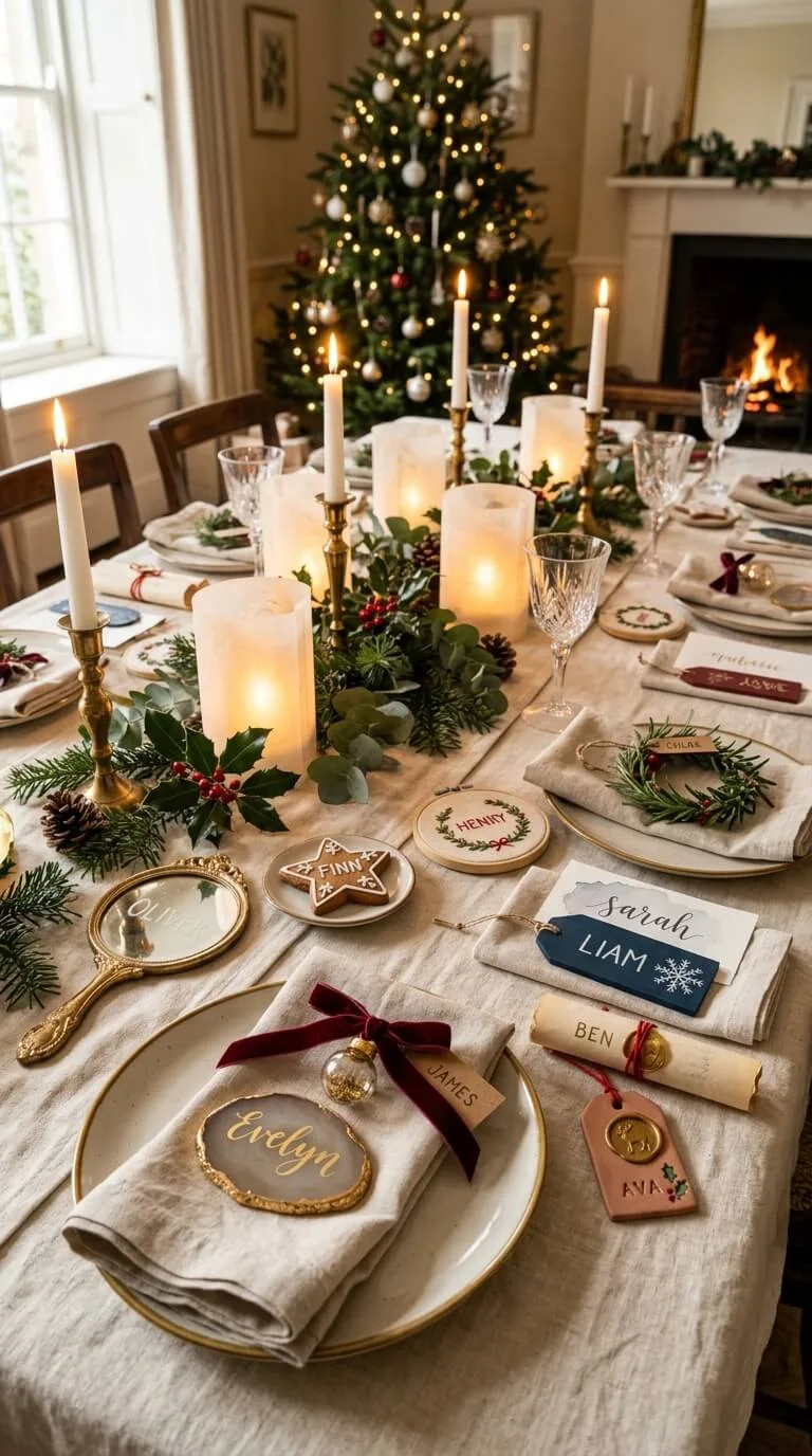 A Christmas dinner table with candles, greenery, and a tree.