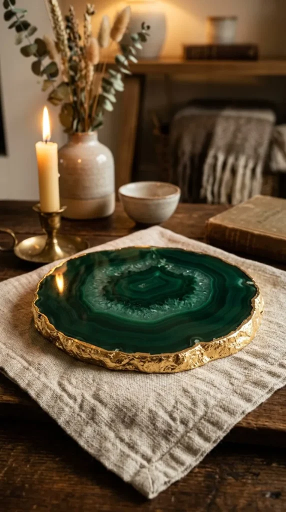 Green agate coaster with gold rim on linen napkin table
